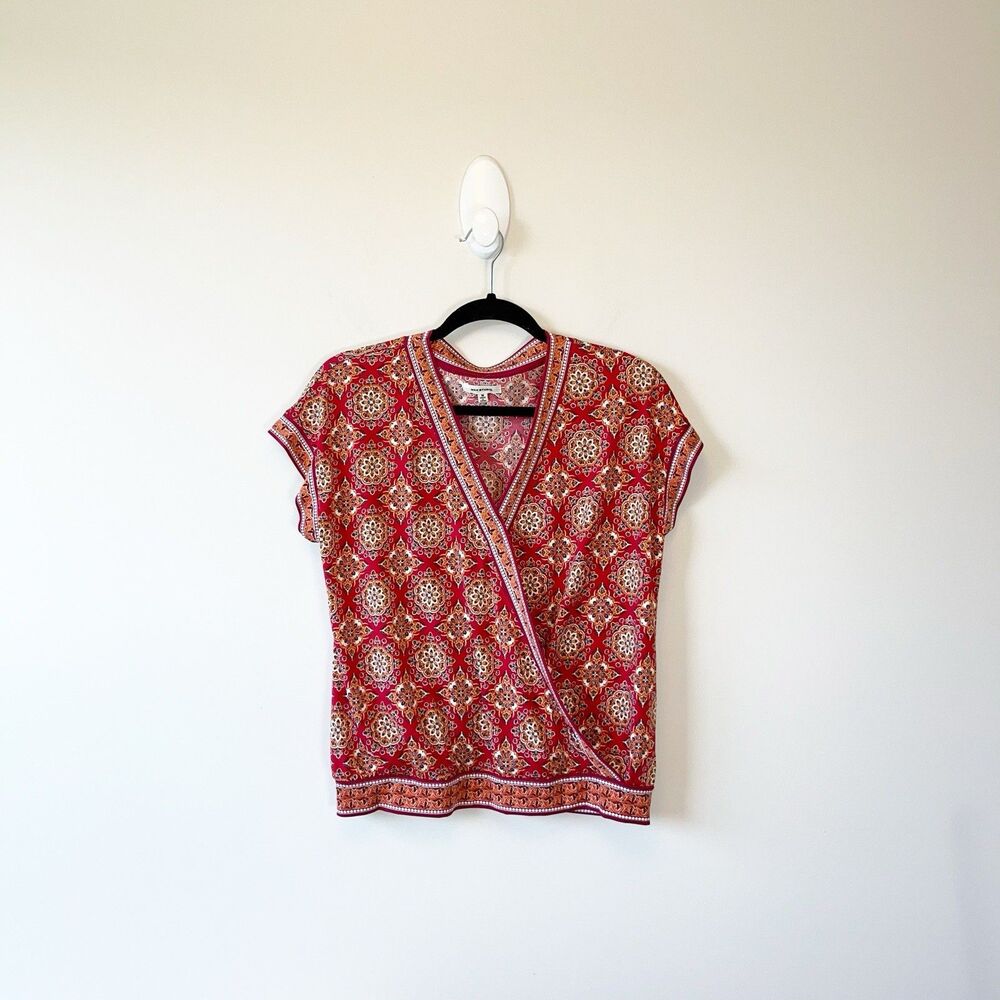 Max Studio Red Orange Faux Wrap Blouse  V-Neck Geometric Print Boho Size Medium